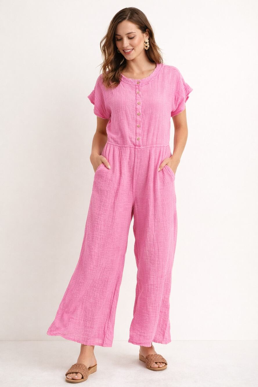 Mittoshop Pink Bloom Gauze Jumpsuit Short Sleeve Wide Leg Small NWT